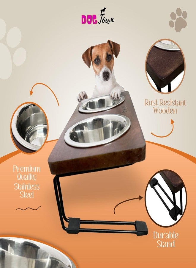 DOGTOWN Elevated Pet Bowl Set - Pack of 2 (250ml Each) | Wooden Dog Dinner Feeder Stand with Stainless Steel Bowls | Bent Design for Healthy Eating Posture | Rust Resistant Wood - Image 3